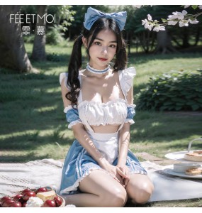 FEE ET MOI - Ruched Sweetheart Maid Outfit With Stockings (Blue - White)